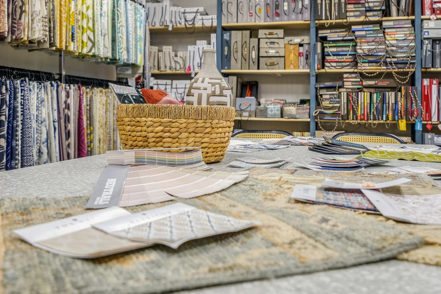 Sample table and fabric library in the SL2 trade showroom, Greenville SC