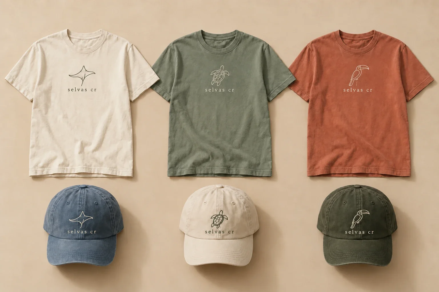 Propuestas selvas cr: camisetas y gorras con una mantarraya, una tortuga o un tucán, en tonos arena, salvia, azul, terracota y oliva