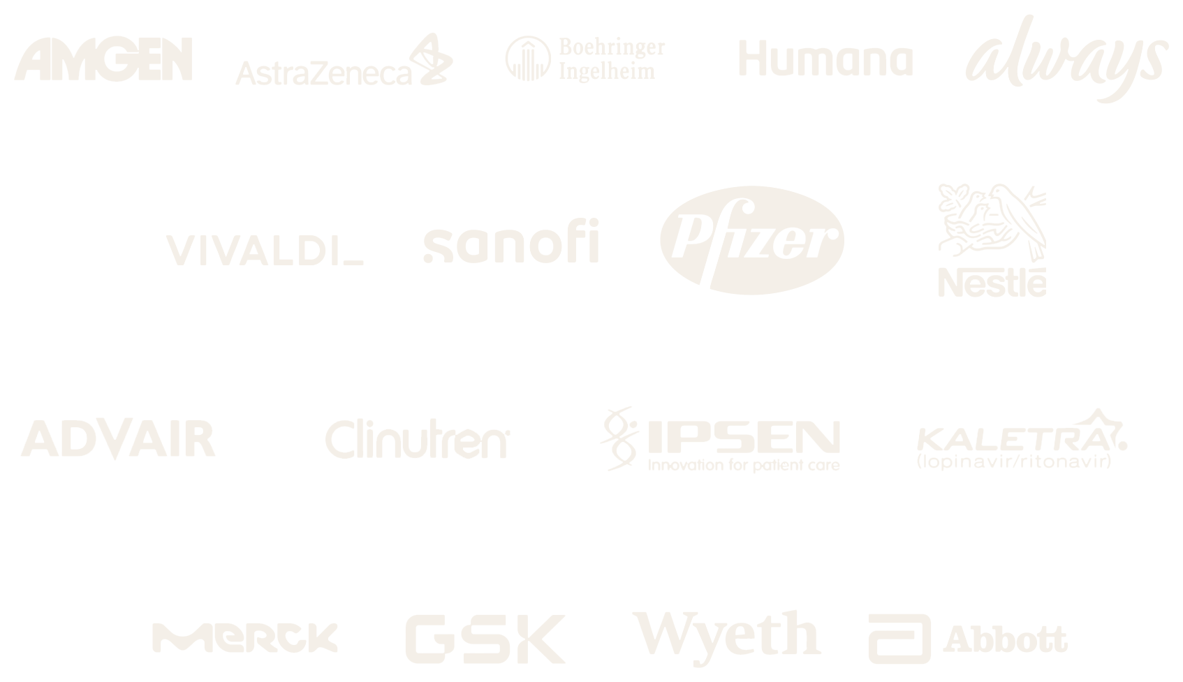 Client logos including Amgen, AstraZeneca, Boehringer Ingelheim, Humana, Sanofi, Pfizer, Nestlé, Ipsen, Merck, GSK and Abbott