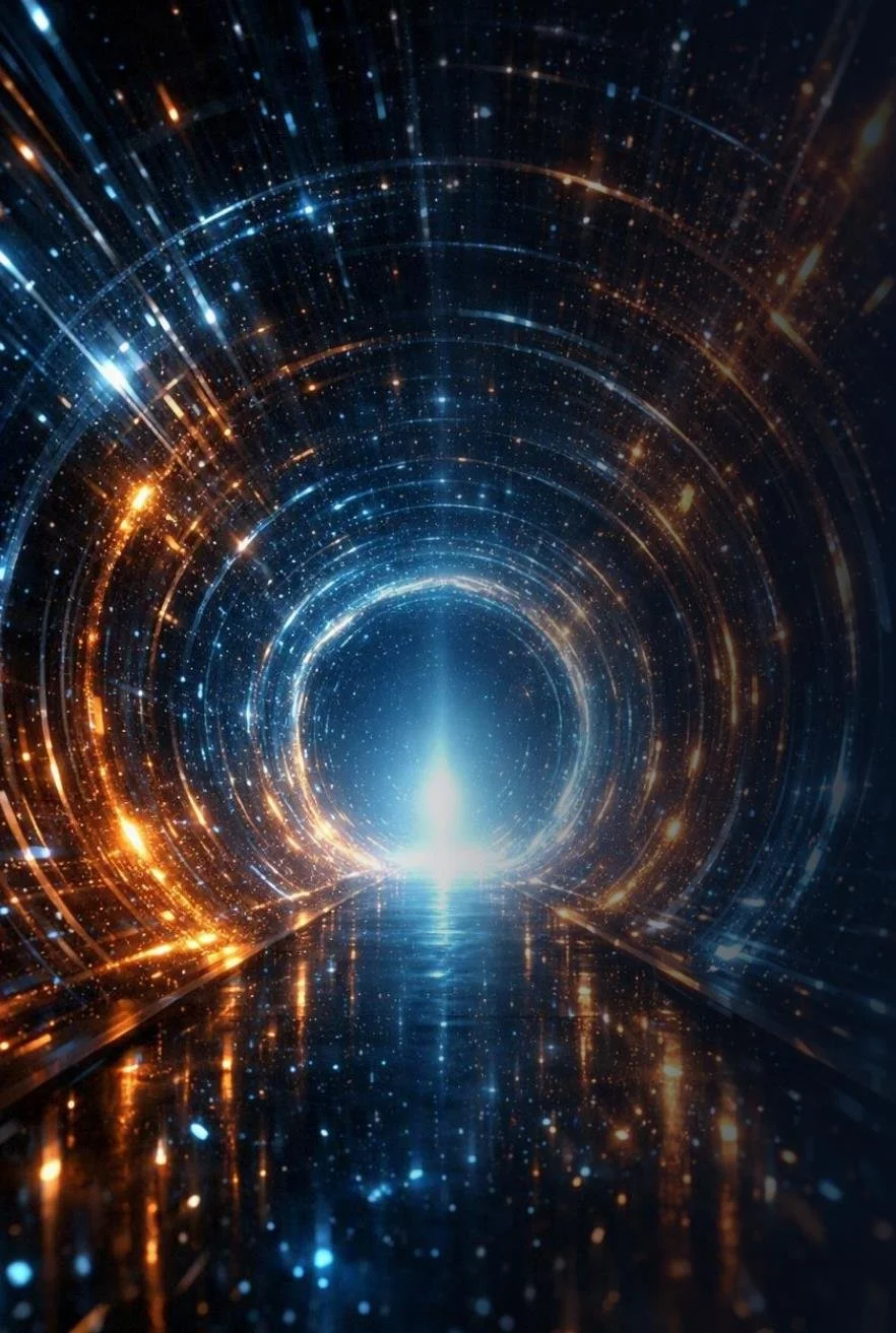 Concept visual: an infinity light tunnel of blue and gold particles