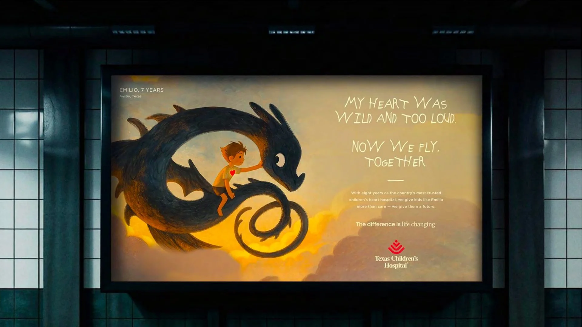 Texas Children's poster: a boy rides a gentle dragon through golden clouds