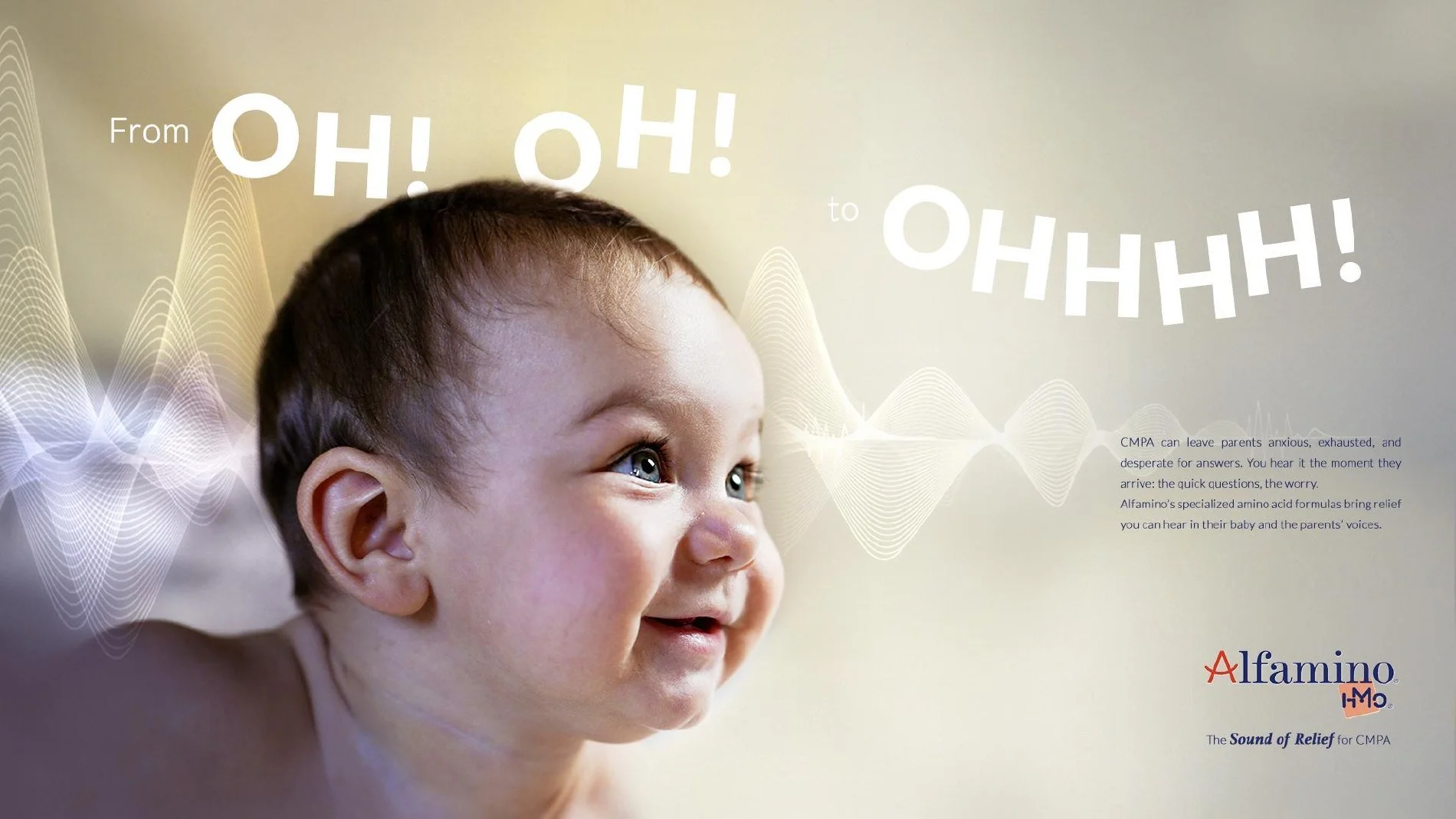Alfamino ad: a laughing baby with soundwaves. From Oh! Oh! to Ohhhh!