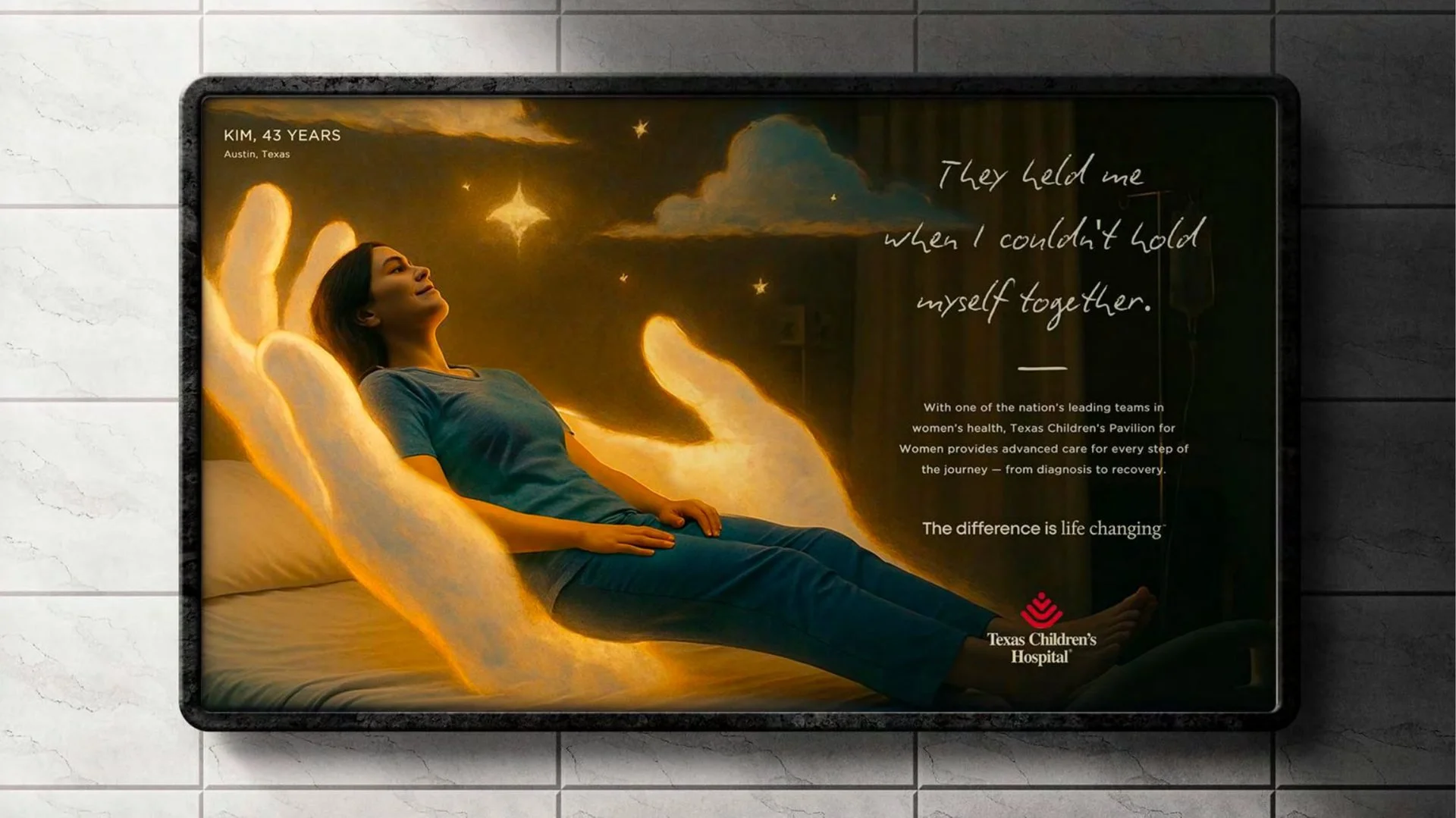 Poster: a woman rests in glowing hands. They held me when I couldn't hold myself together.