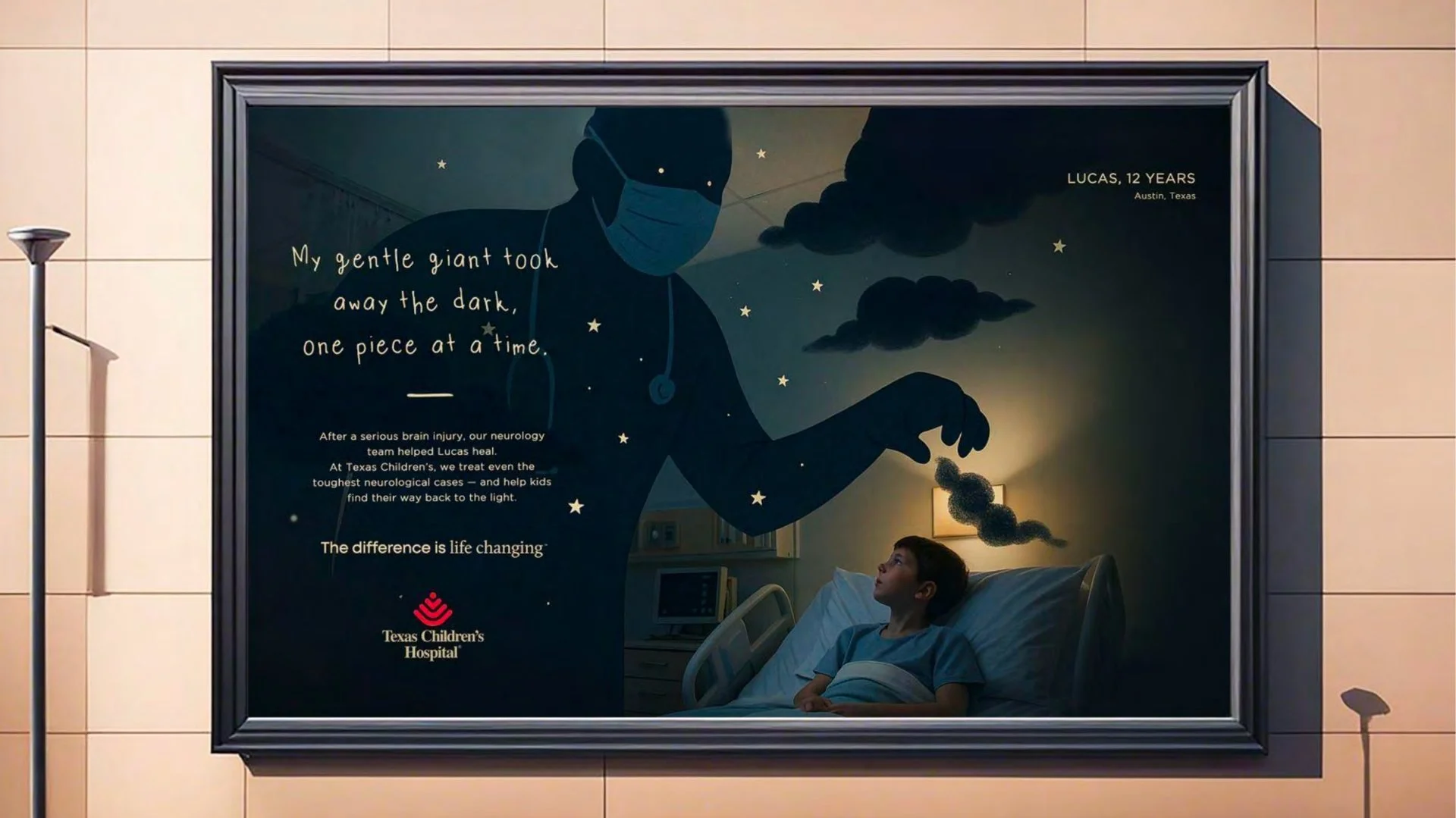 Billboard: a gentle giant doctor lifts a dark cloud away from a boy in a hospital bed. My gentle giant took away the dark, one piece at a time.