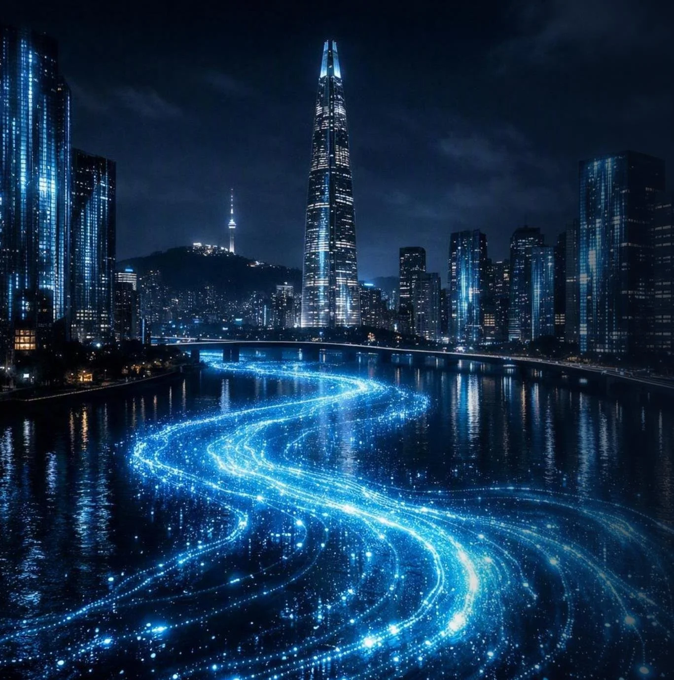 Concept visual: a river of blue light flowing through Seoul at night