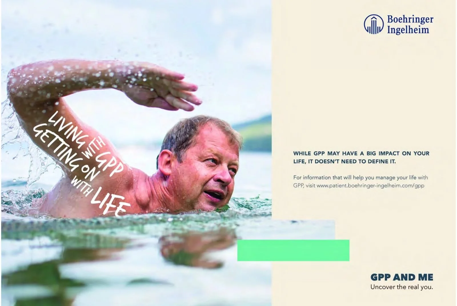GPP & Me ad: Living with GPP, getting on with life, written on a swimmer's arm