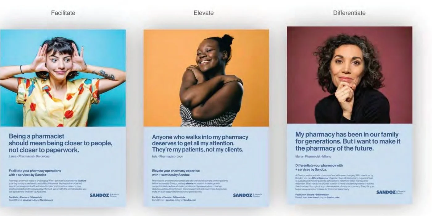 Three Sandoz ads, each a pharmacist portrait: Facilitate, Elevate, Differentiate