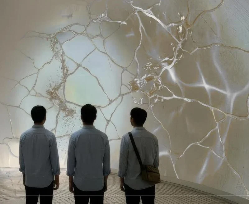 Visitors inside the moon jar watching 360-degree projections of skin biology