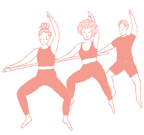 Illustration of three people in a barre class at the ballet barre