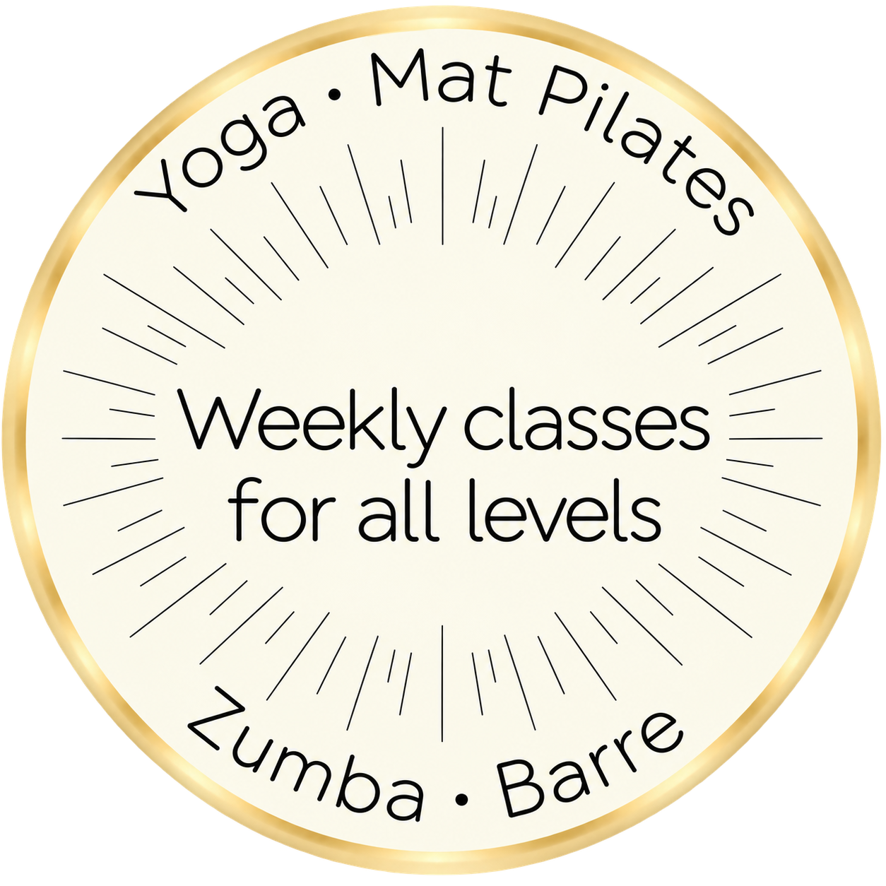 Weekly classes for all levels: Yoga, Mat Pilates, Zumba, and Barre.