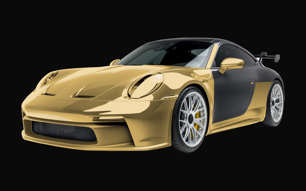 Elevate PPF package, extended front coverage shown in gold on a black sports car