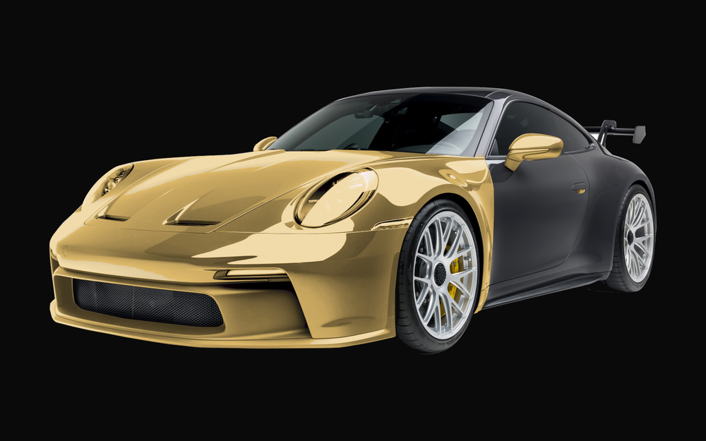 Arise PPF package, front-end coverage shown in gold on a black sports car