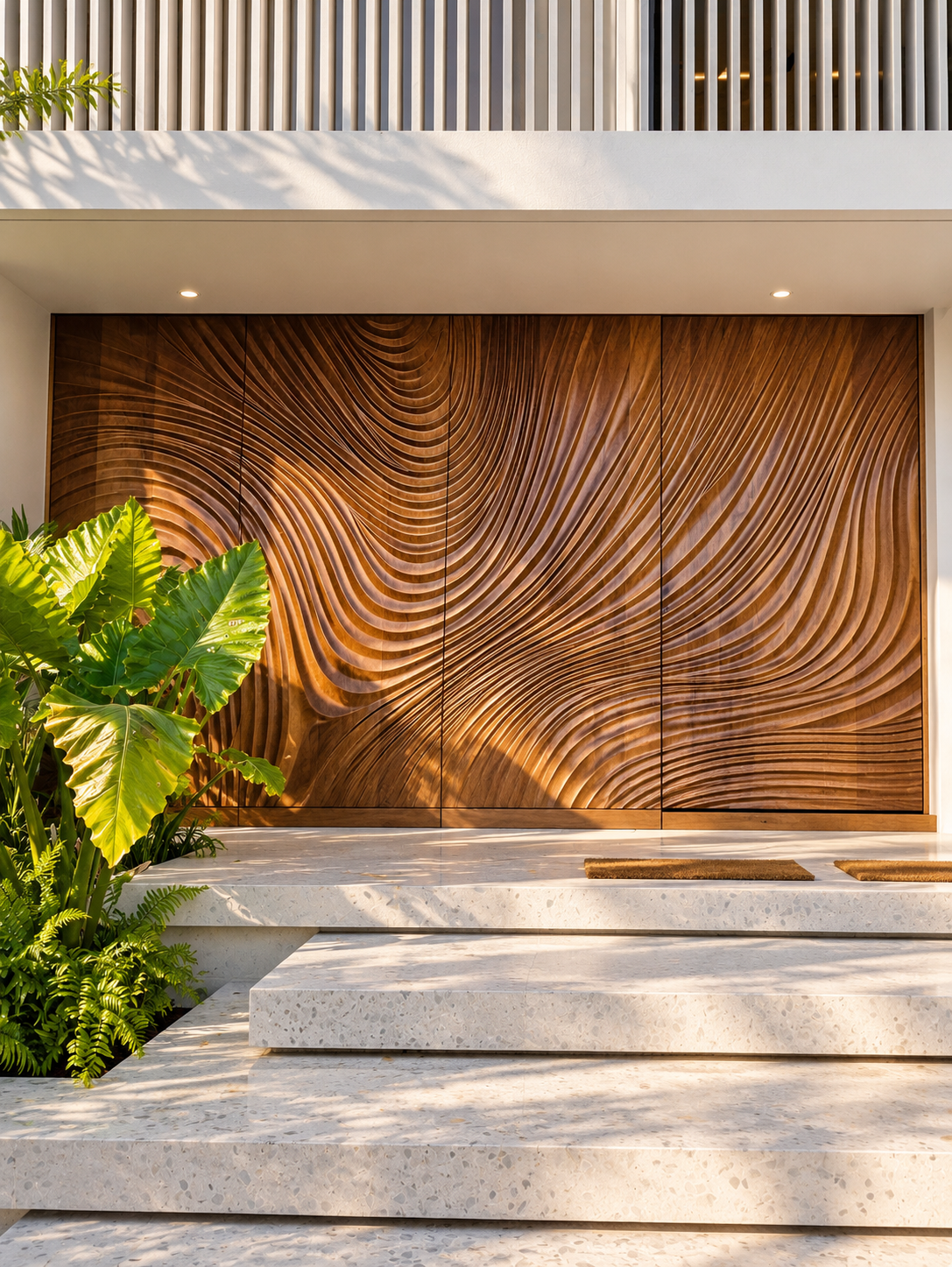 Carved wood panels across an entrance wall