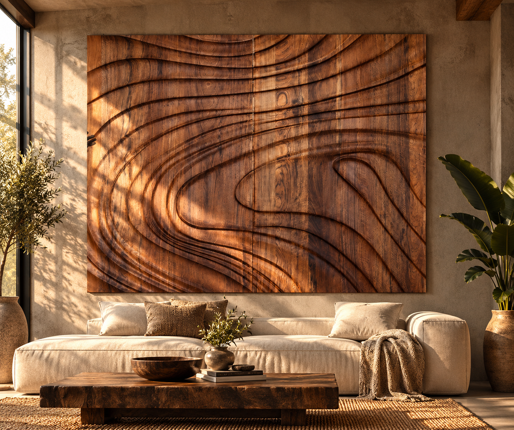Carved wood panel on a living room wall above a sofa