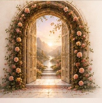 Rose-covered illuminated doorway
