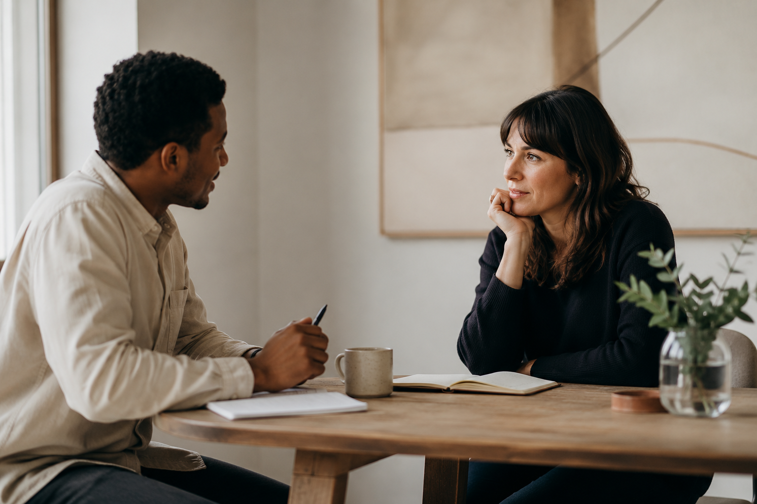 two people in a focused working session across a table