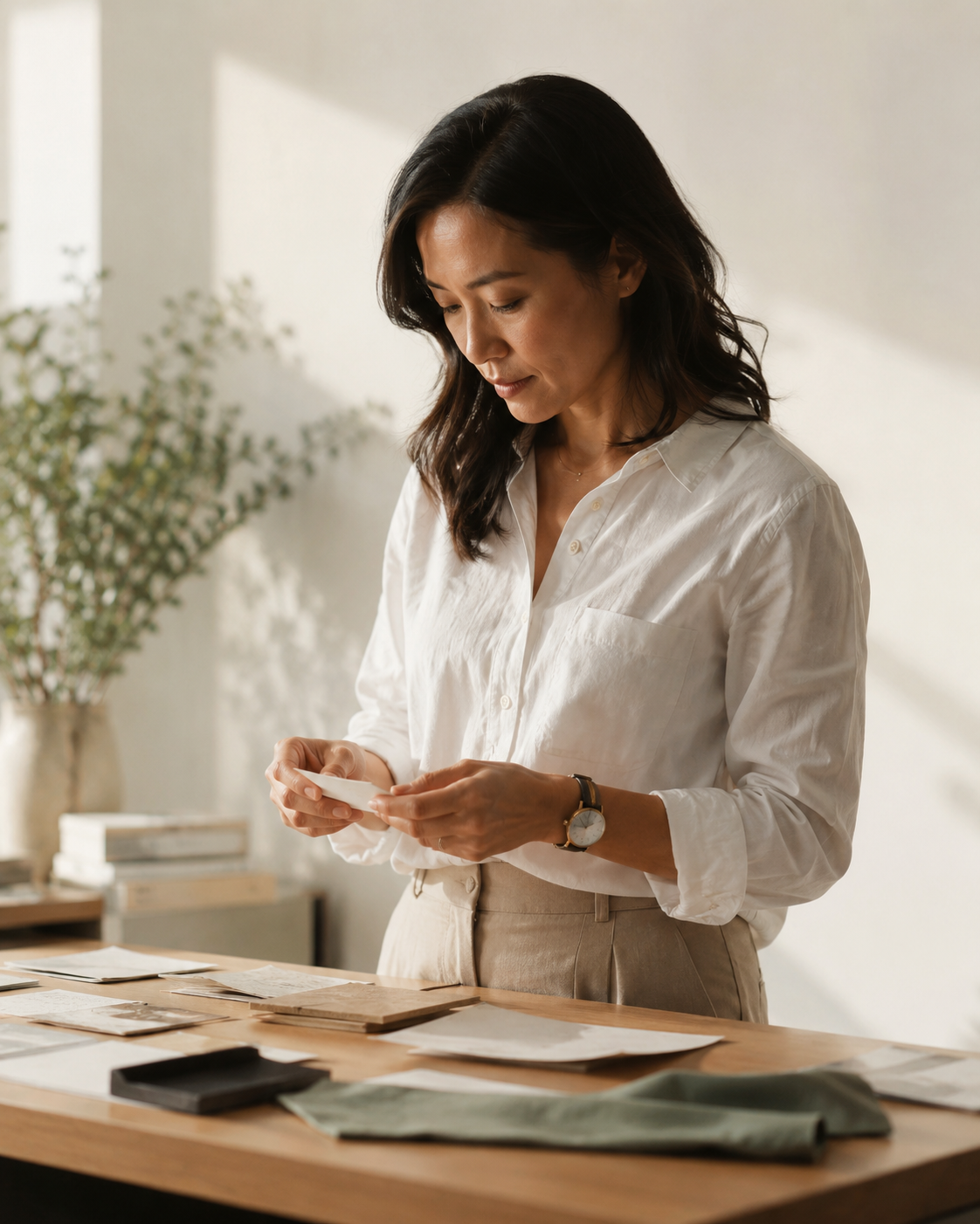 A woman in all linen working at her desk