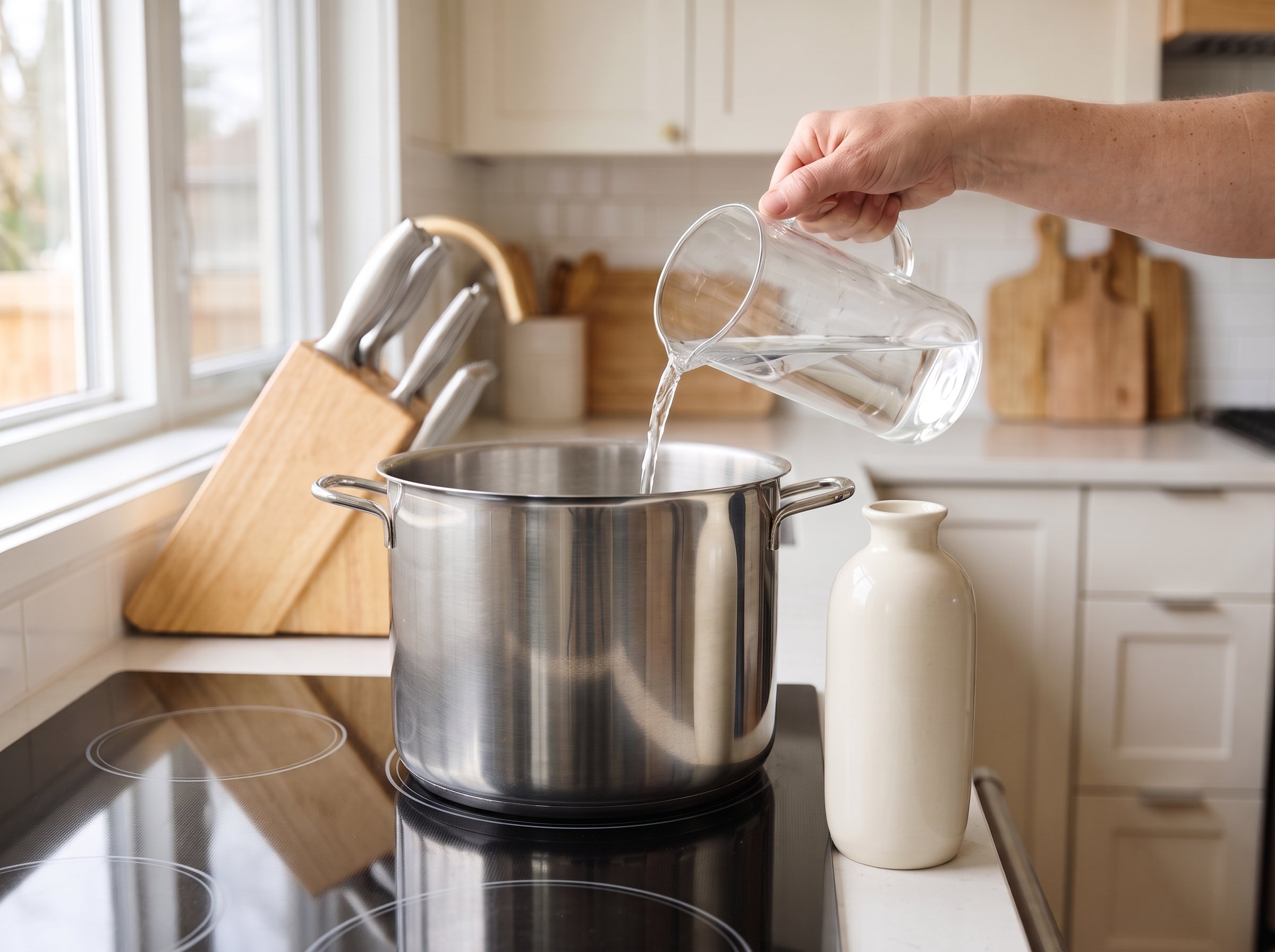 Water being poured into a tall pot on the stove, with an open ceramic carafe separate on the counter.