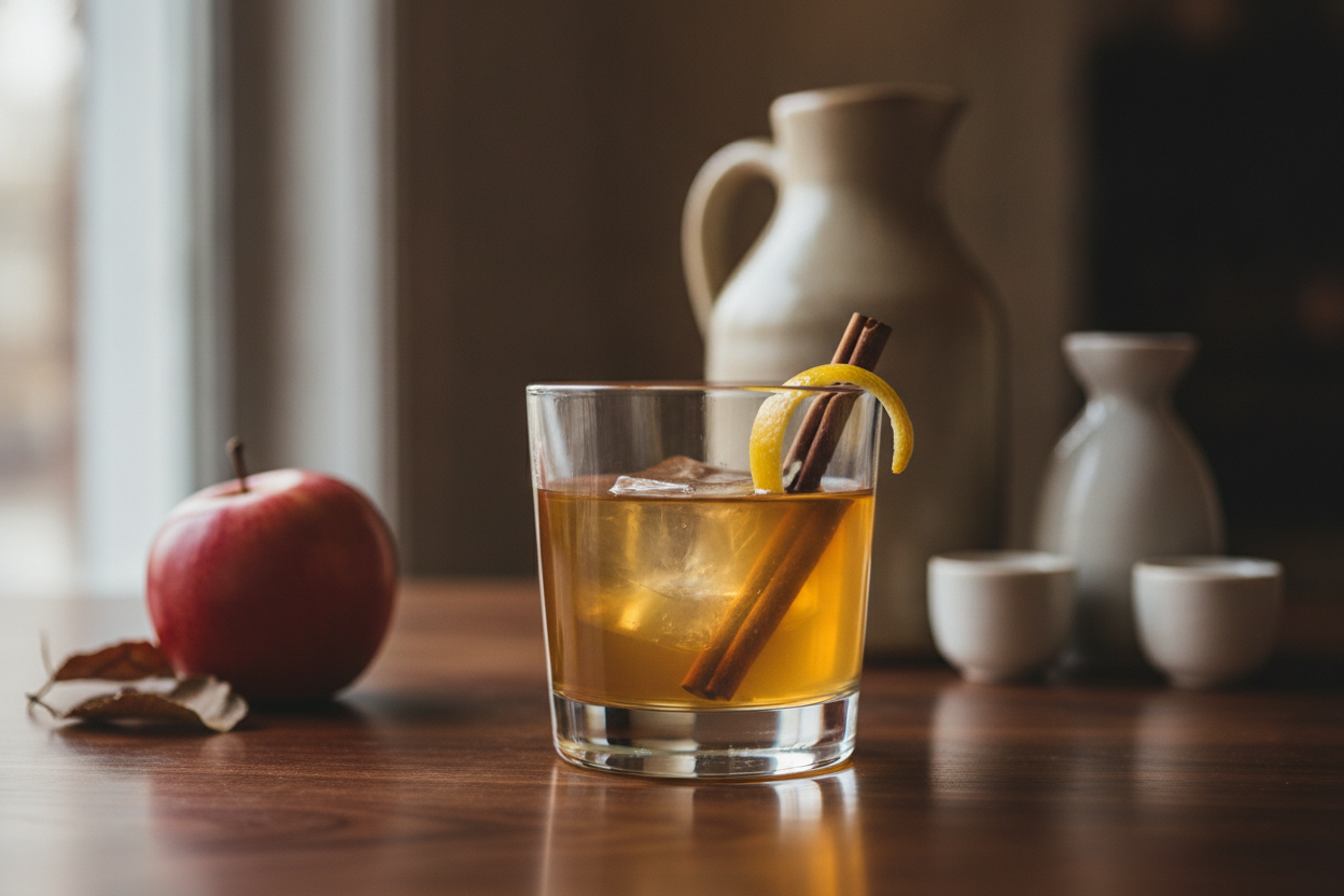 Apple Cider Sake Sour with cinnamon and lemon over ice.