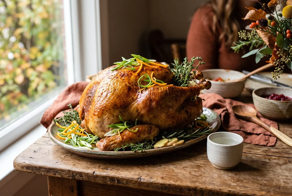 A golden sake-brined roast turkey on a platter with scallions, orange peel, and ginger, next to a small cup of sake