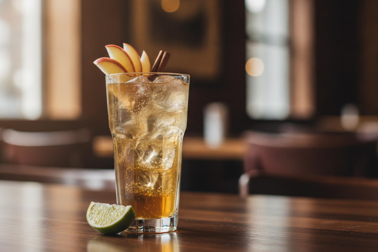 Sparkling Cider Sake Highball with apple, cinnamon and clear ice.