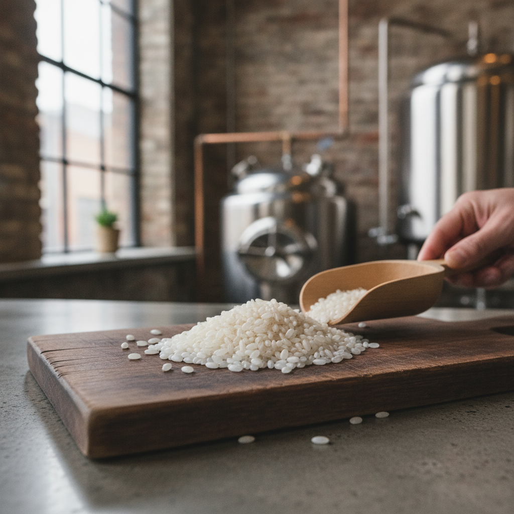 Polished short-grain rice, milled to expose the starchy heart the brewer wants.