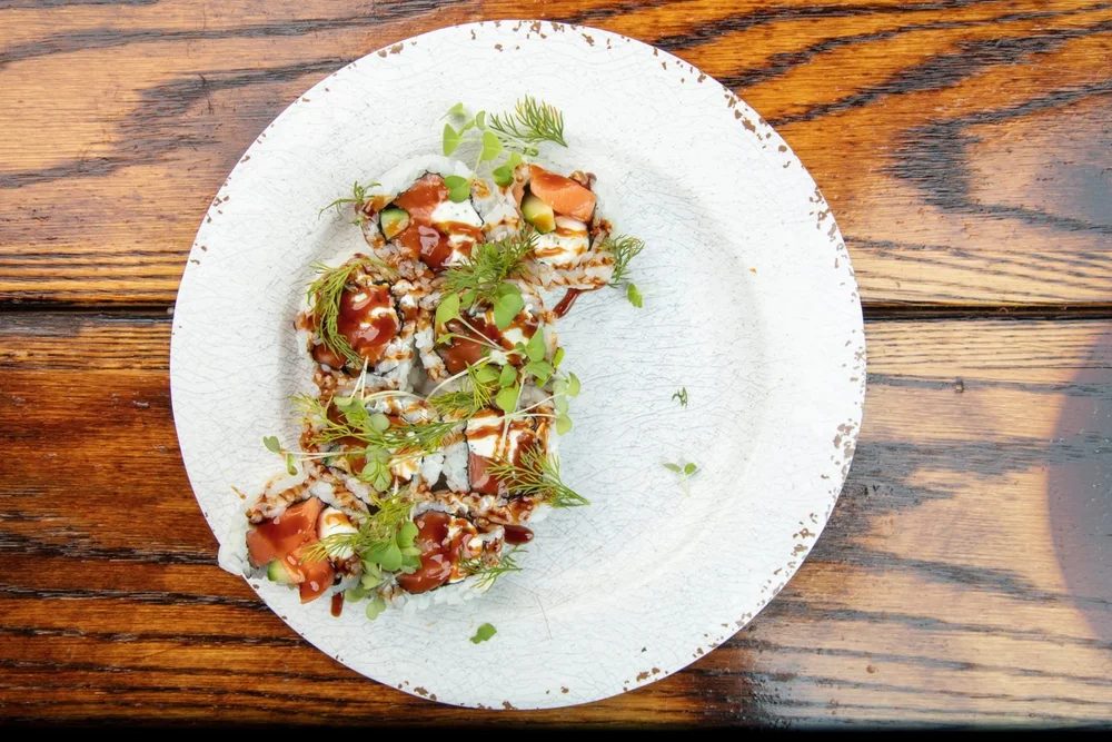 An overhead view of the Mile High Roll plated at Colorado Sake Co.