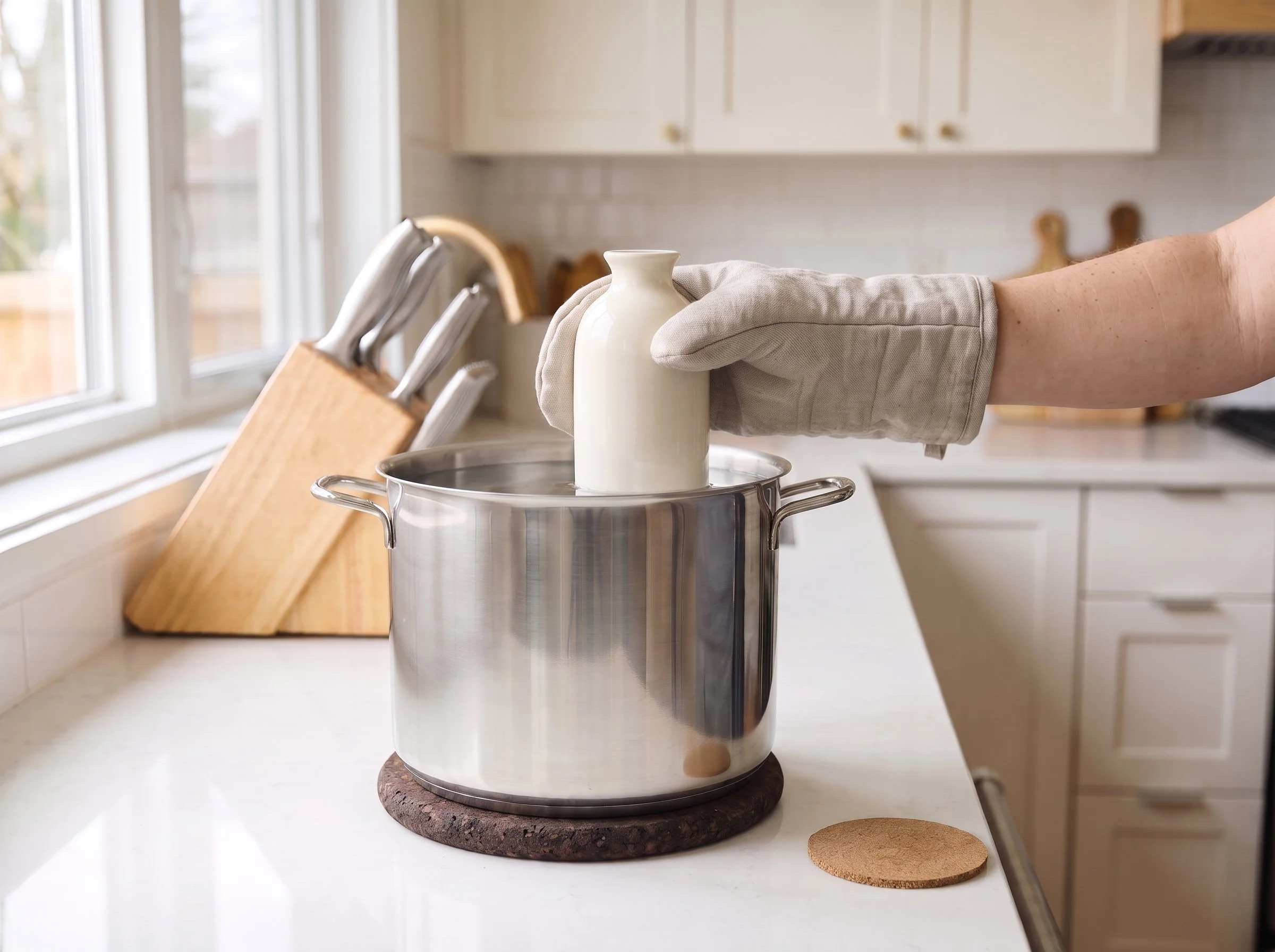 Open ceramic sake carafe being placed into a pot of water on a countertop trivet, off the stove.