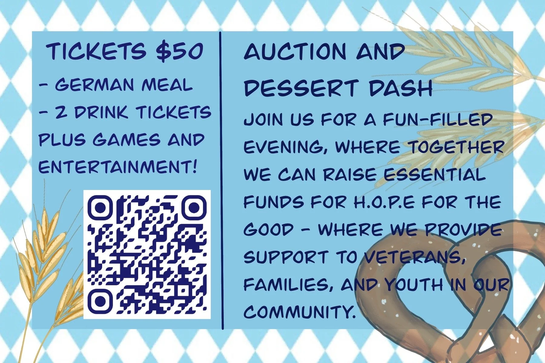 Hopetoberfest flyer back: $50 tickets, auction and dessert dash, ticket QR code