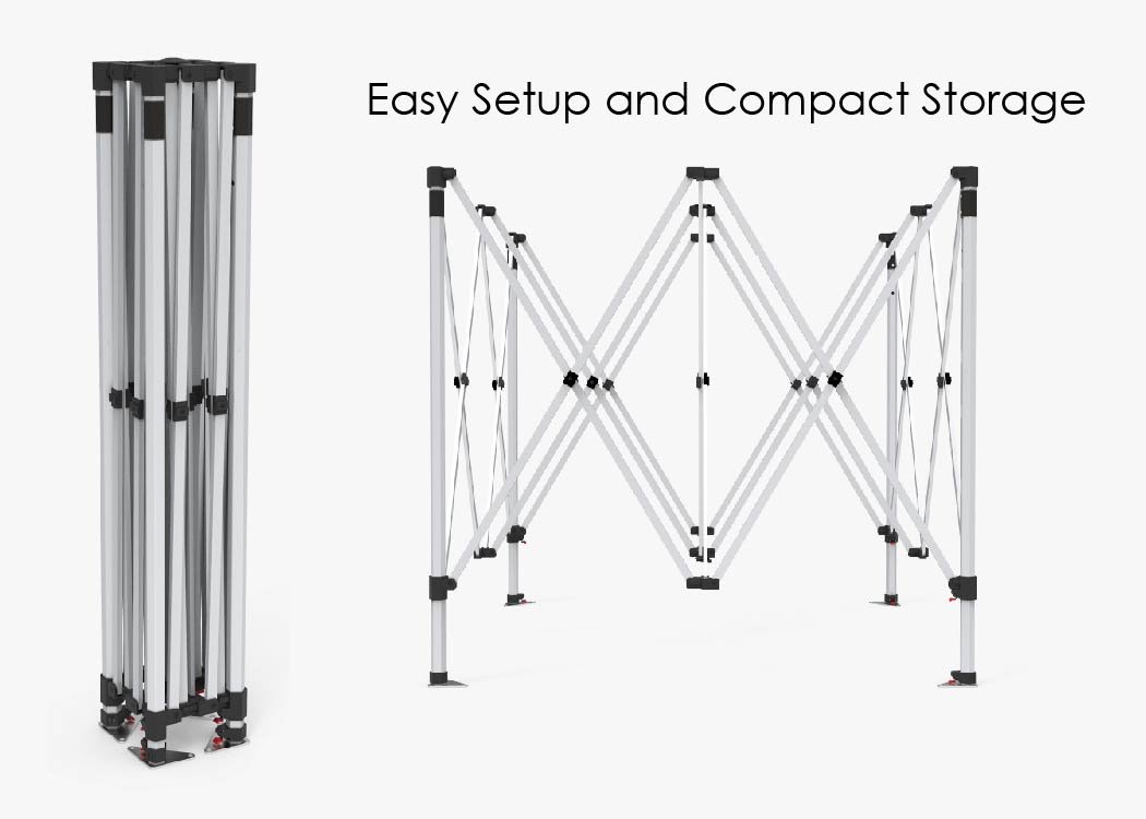 Event Tent canopies come fully assembled to frame and will easily fold in and out for setup and storage