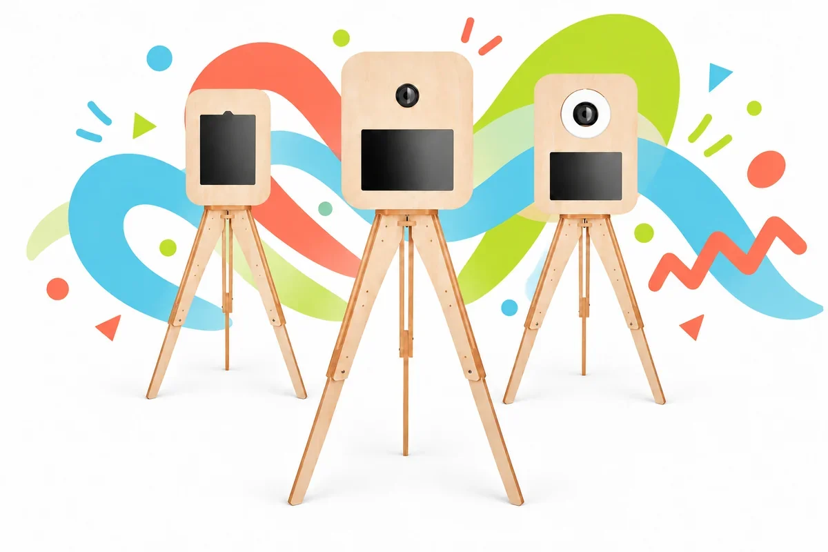 Three Tribooth wooden photo booth enclosures: Lite, Pro Compact and Ring Flash