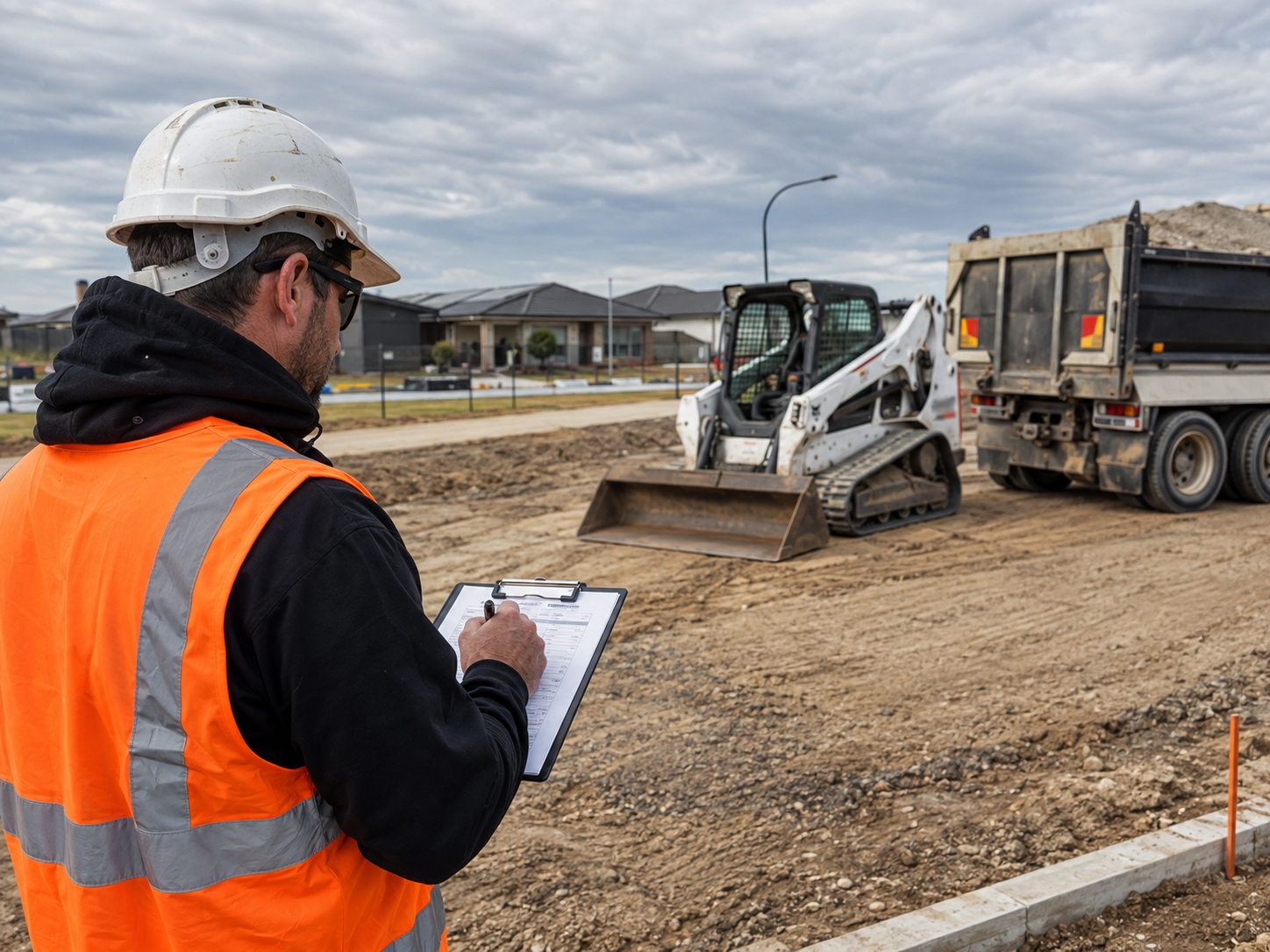 Site supervisor completing a plant and equipment inspection beside a skid-steer loader and truck