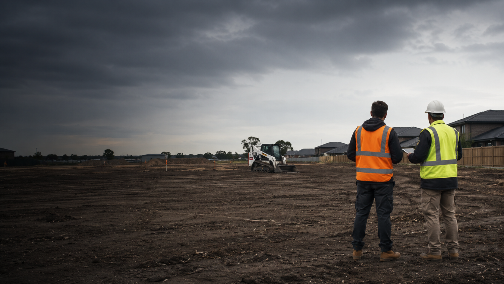 Site personnel reviewing land preparation requirements beside a skid-steer loader