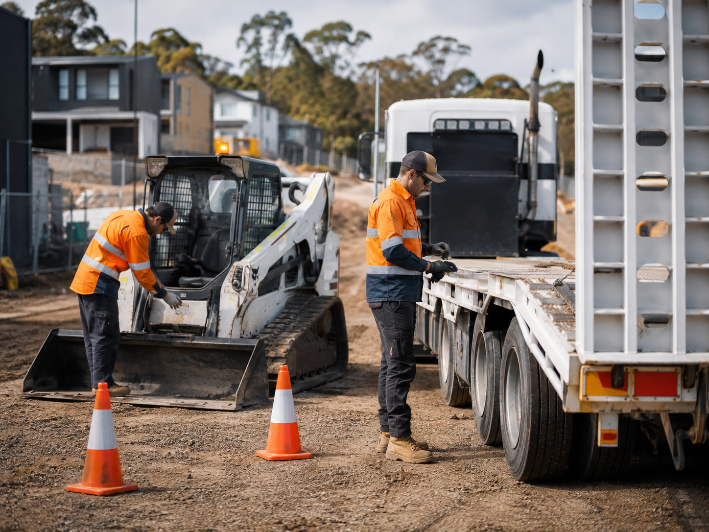 Site crew preparing a skid-steer loader and truck with safety cones and separation controls