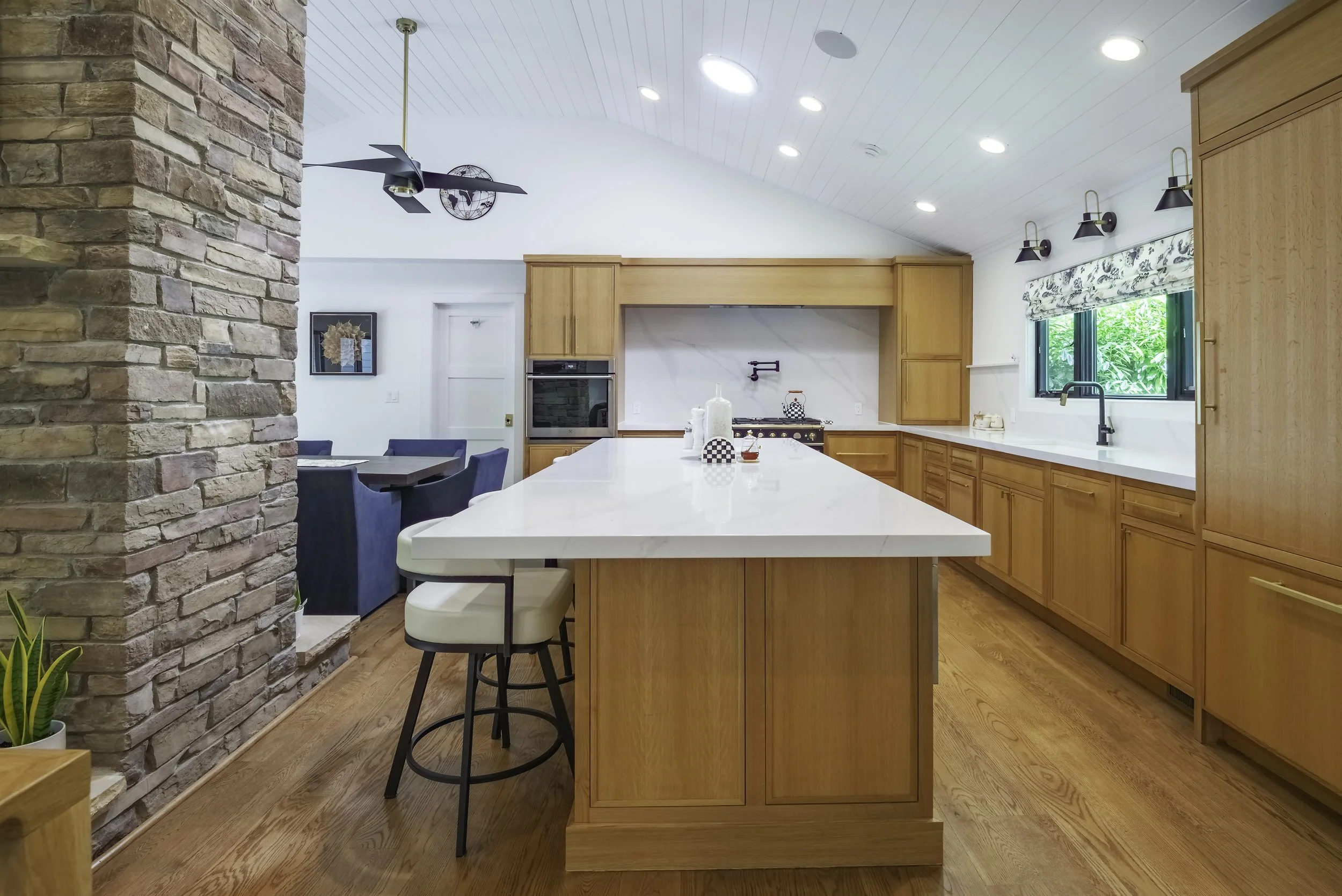 Port Jefferson renovation kitchen quartz island wood cabinetry Long Island NY — Palma Design
