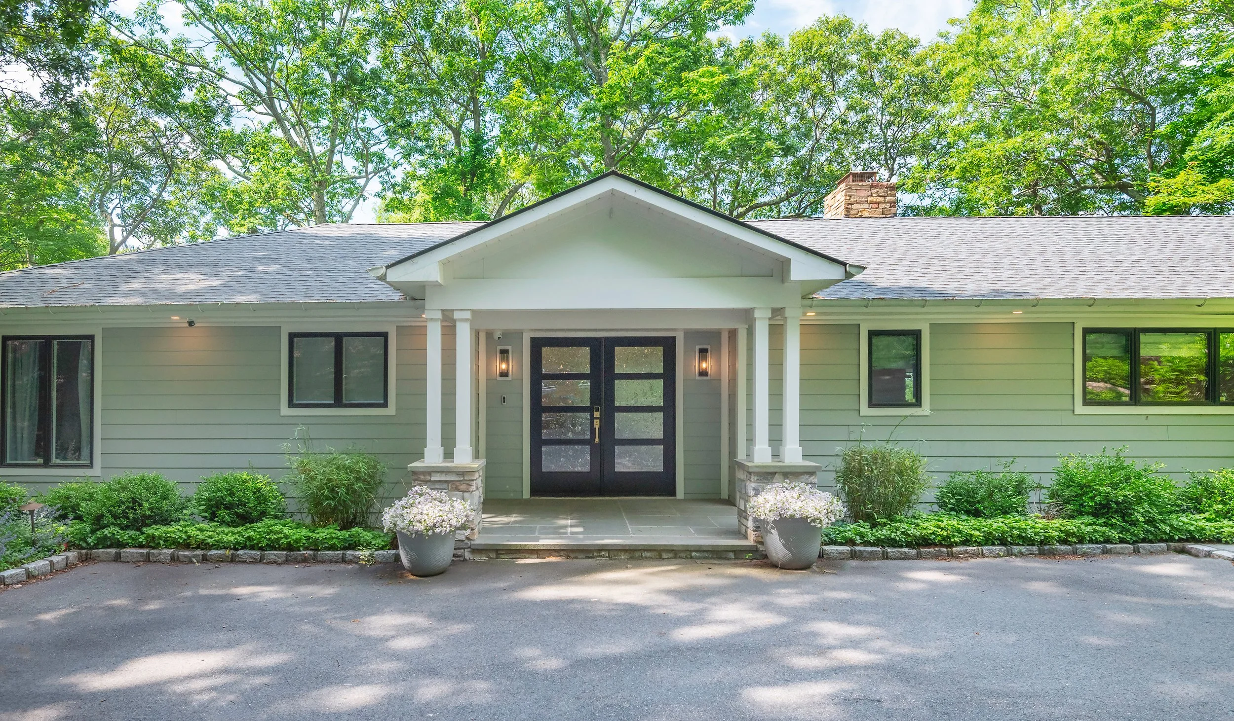 Port Jefferson renovation exterior front elevation sage siding Long Island NY — Palma Design