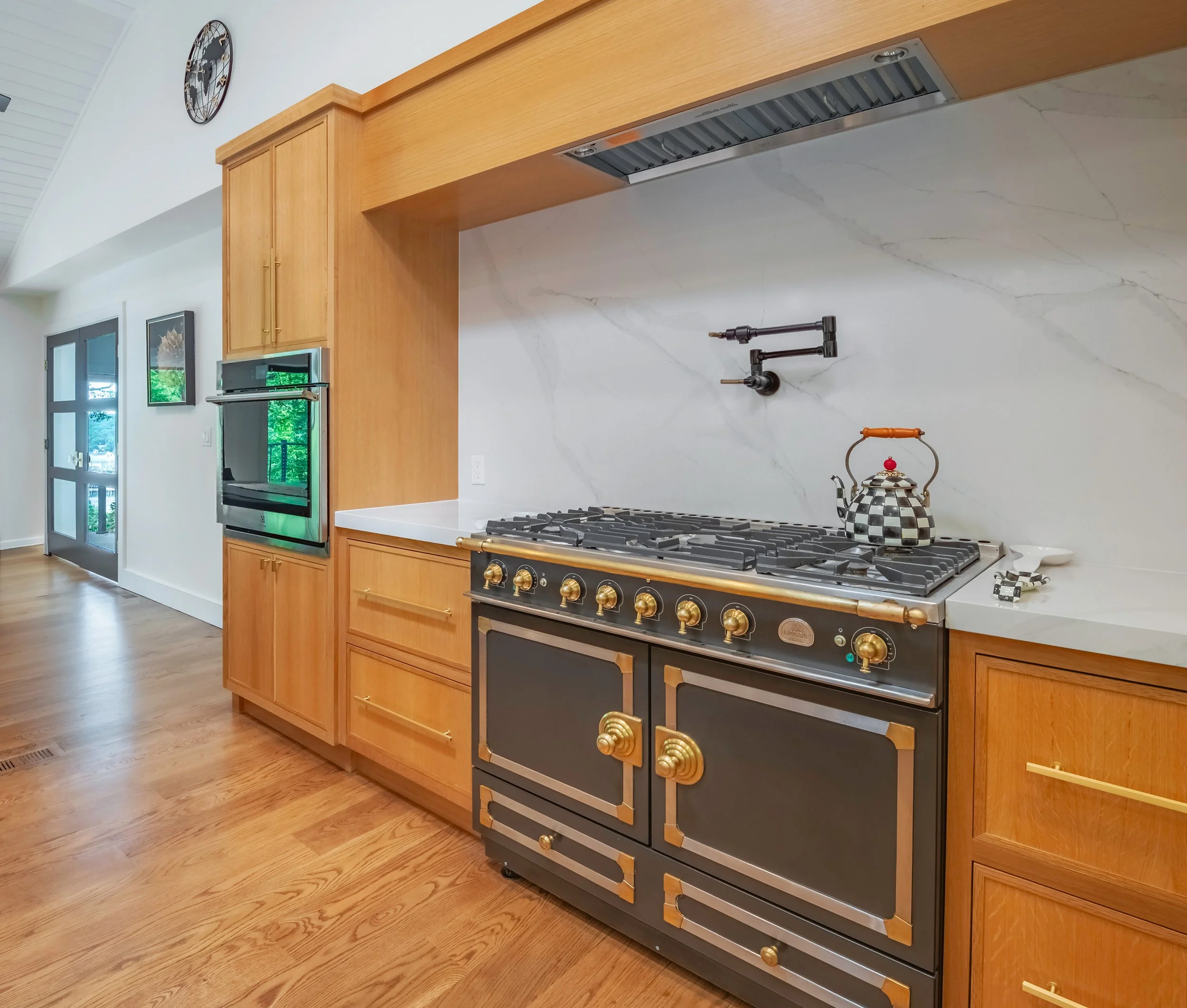 Port Jefferson renovation kitchen La Cornue range marble backsplash Long Island NY — Palma Design