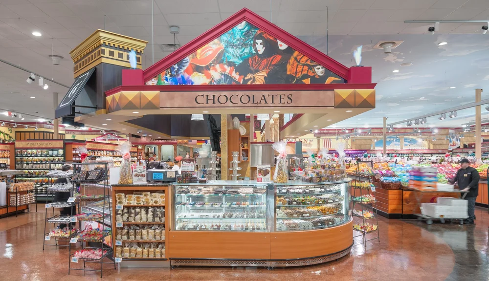 Commercial interior photography of the chocolate counter at Uncle Giuseppe's Marketplace, Greenvale, Long Island