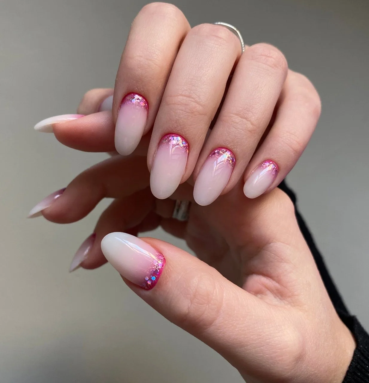 Soft pink Russian manicure with glitter cuticle detail at Mars Nails NYC