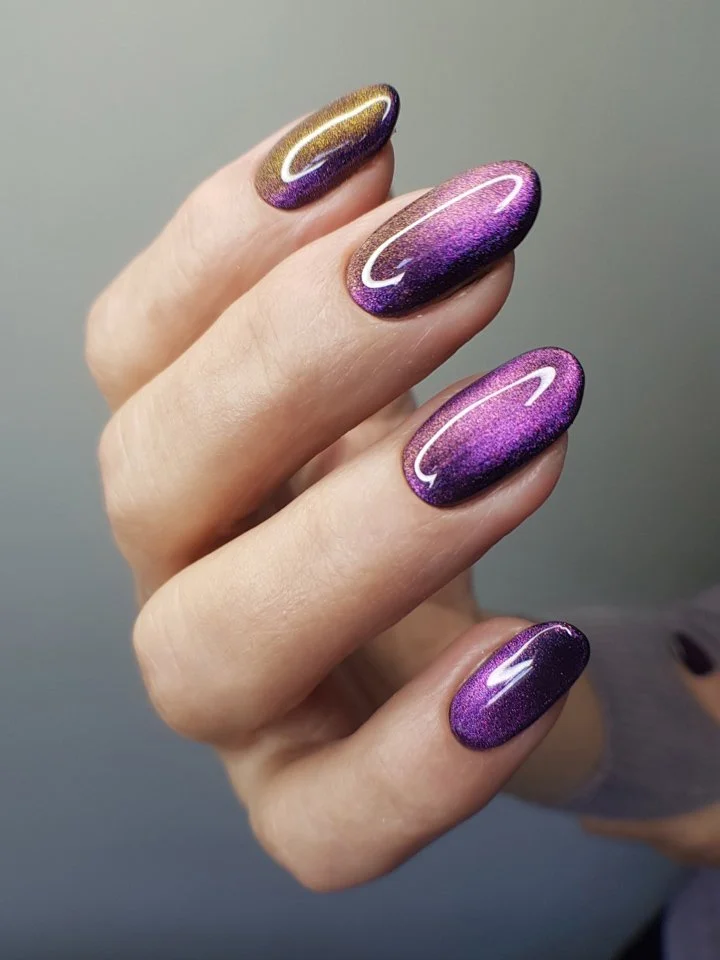 Purple magnetic Russian manicure with glossy finish at Mars Nails NYC