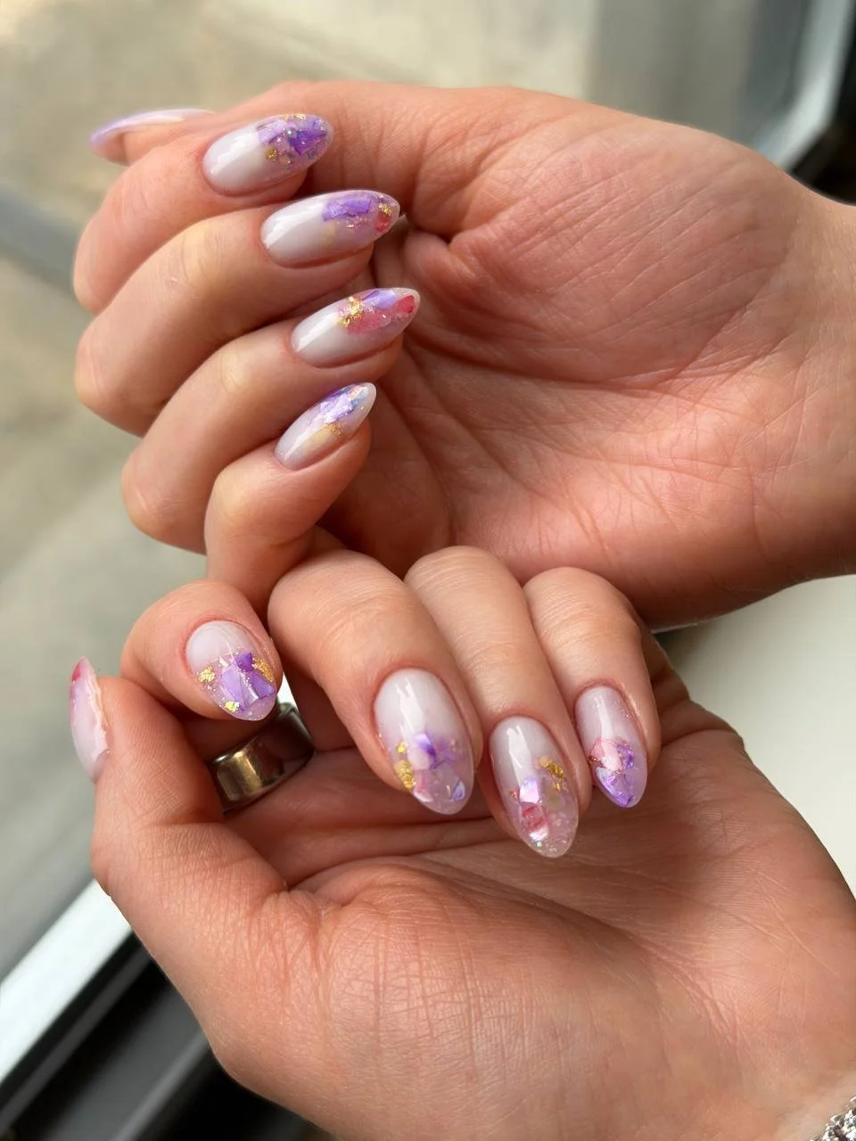 Pink and purple almond nails with gold foil nail art on builder gel overlay at Mars Nails NYC