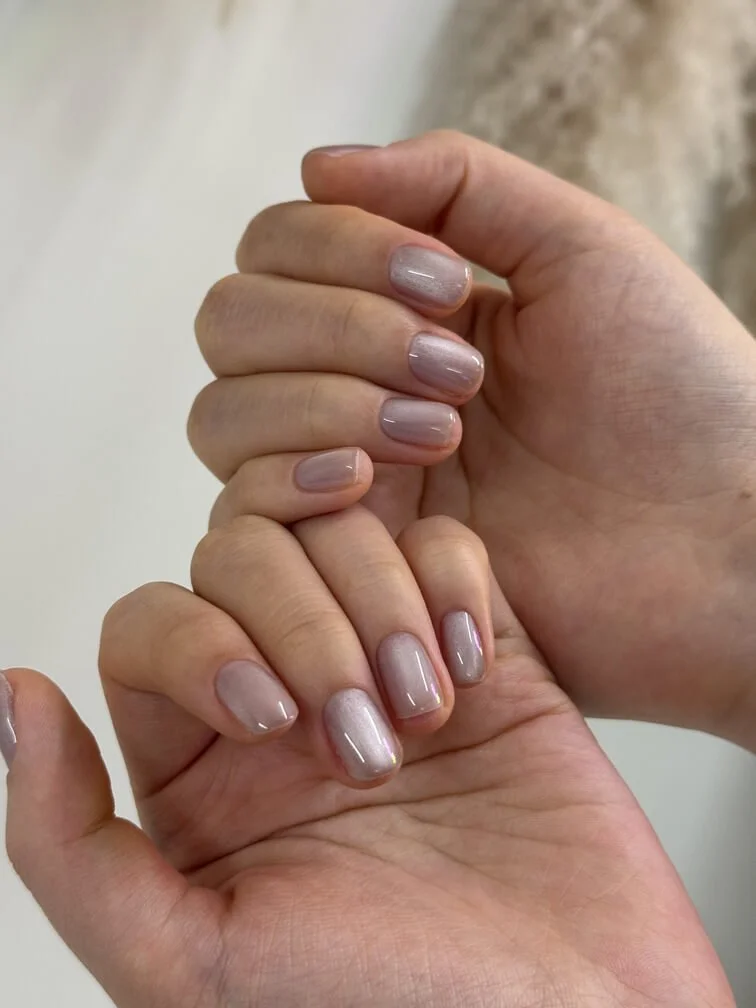 Short taupe cat-eye soft gel manicure at Mars Nails in NYC