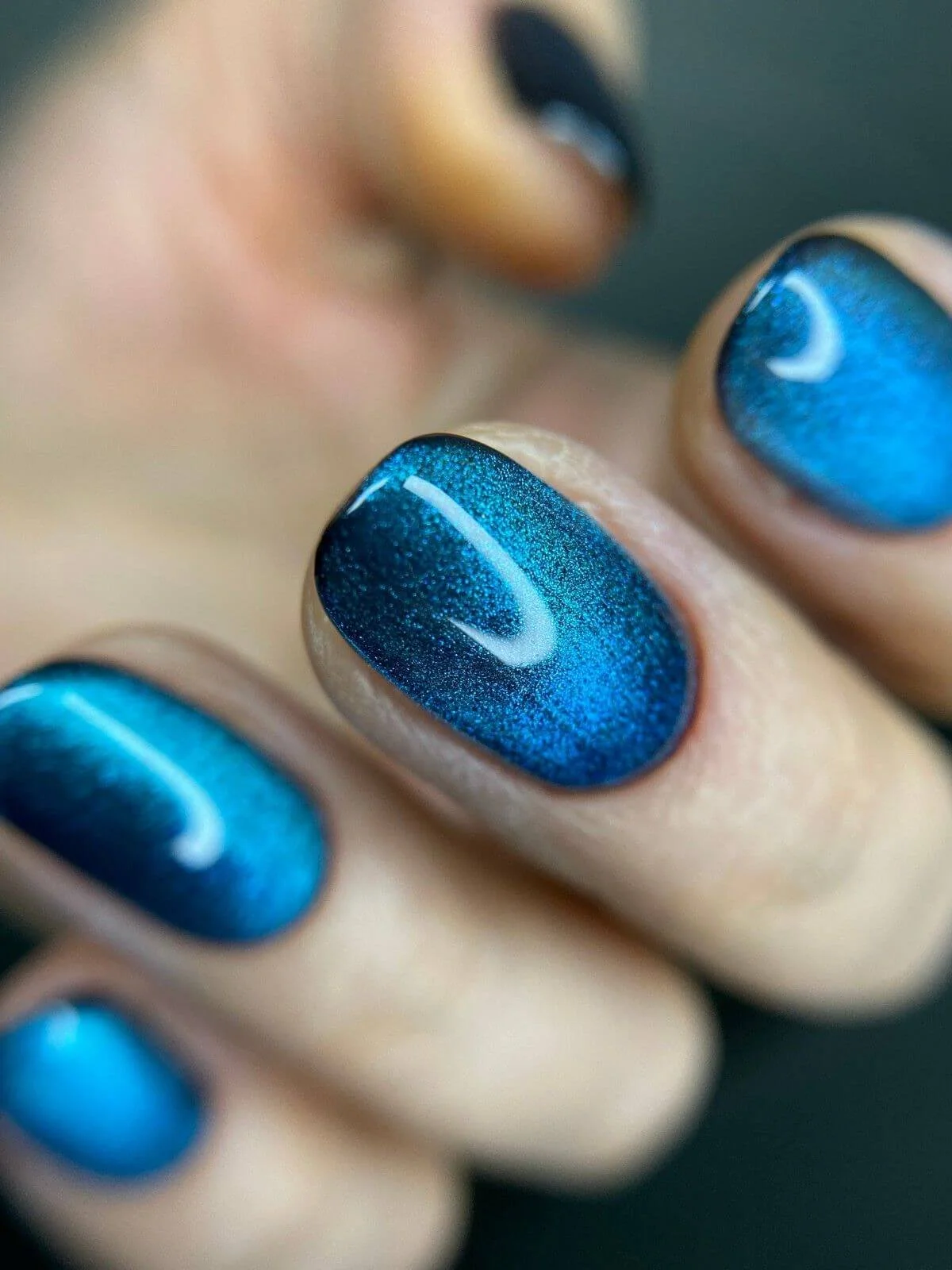 Blue cat-eye Russian gel manicure at Mars Nails in NYC
