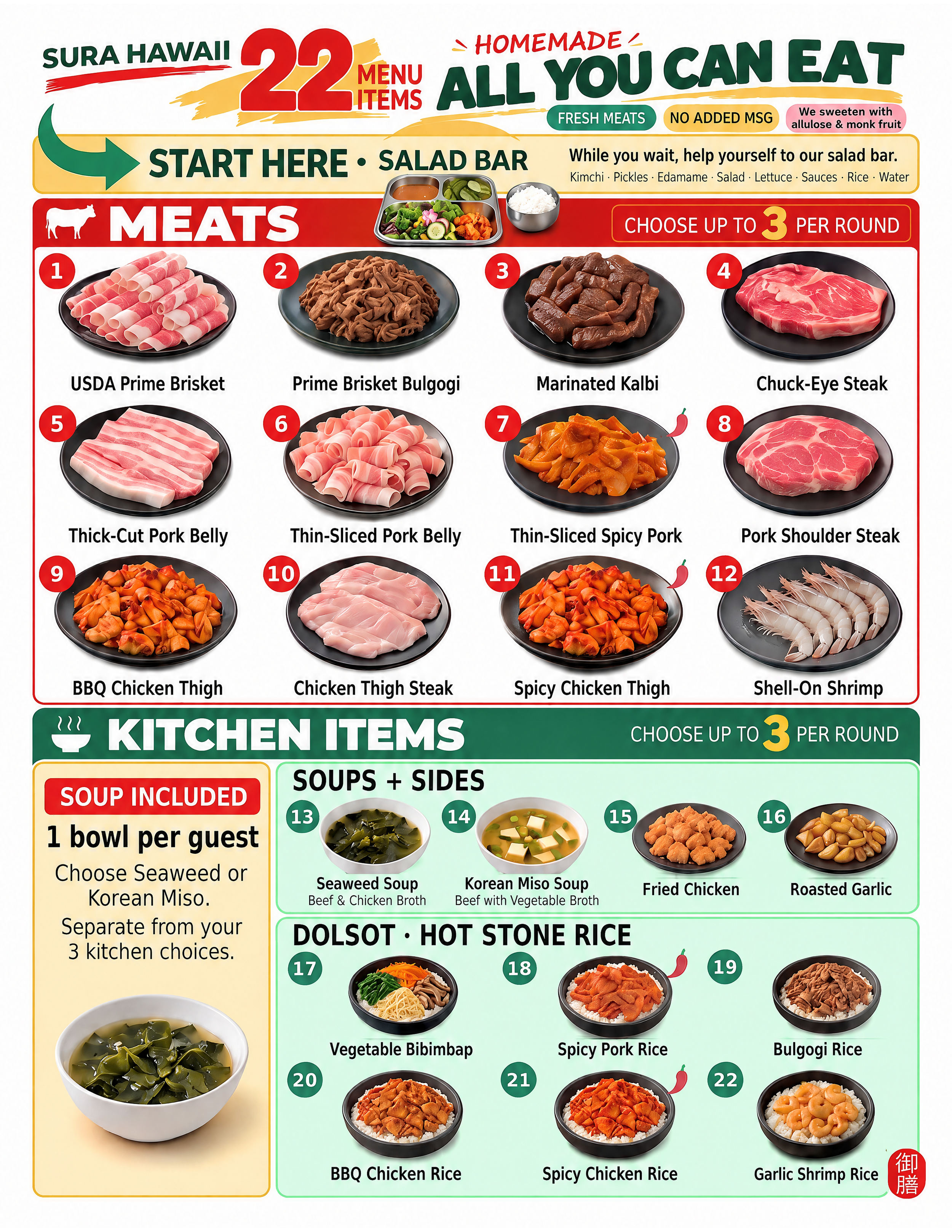 Sura's updated 22-item all-you-can-eat menu, with one soup bowl included per guest