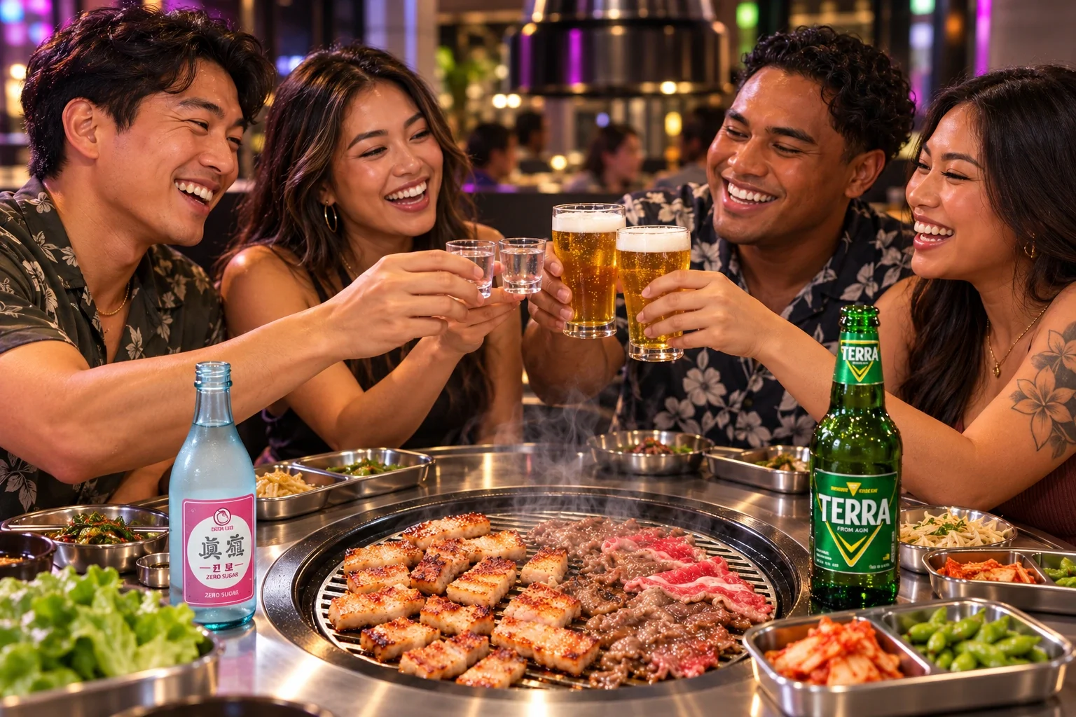 Adult friends toasting Korean soju and beer around a stainless Korean BBQ table