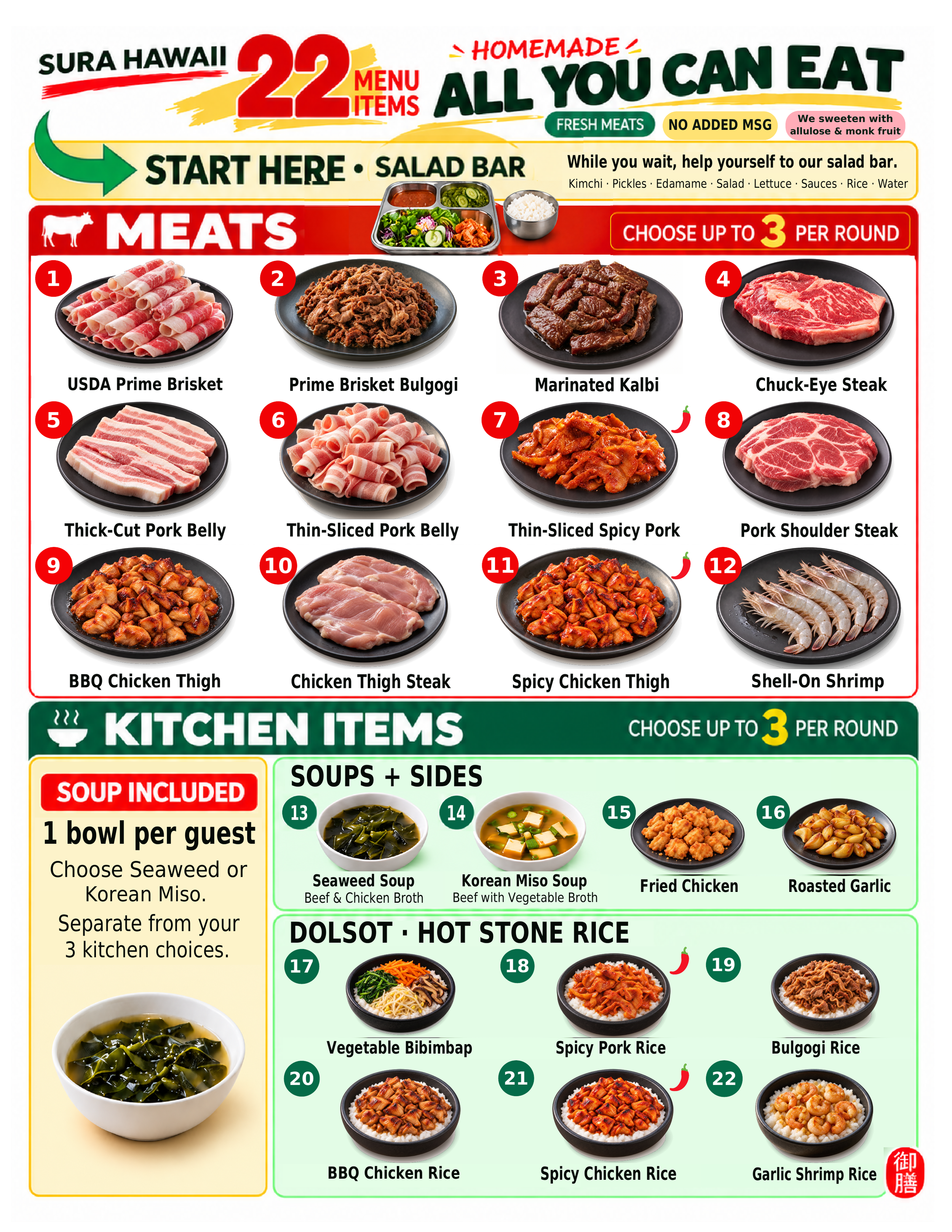 Sura's updated 22-item all-you-can-eat menu, with one soup bowl included per guest