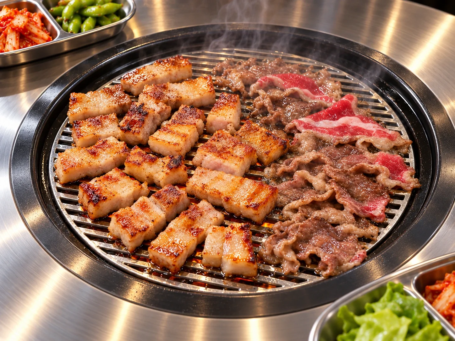 Pork belly and brisket sizzling on Sura's grill, with the October all-you-can-eat special