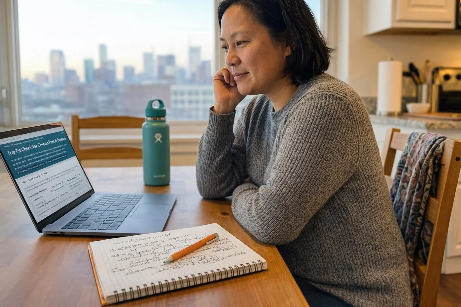 Traveller planning a trip on a computer in a calm setting, reflecting body-aware travel planning for chronic pain and fatigue.