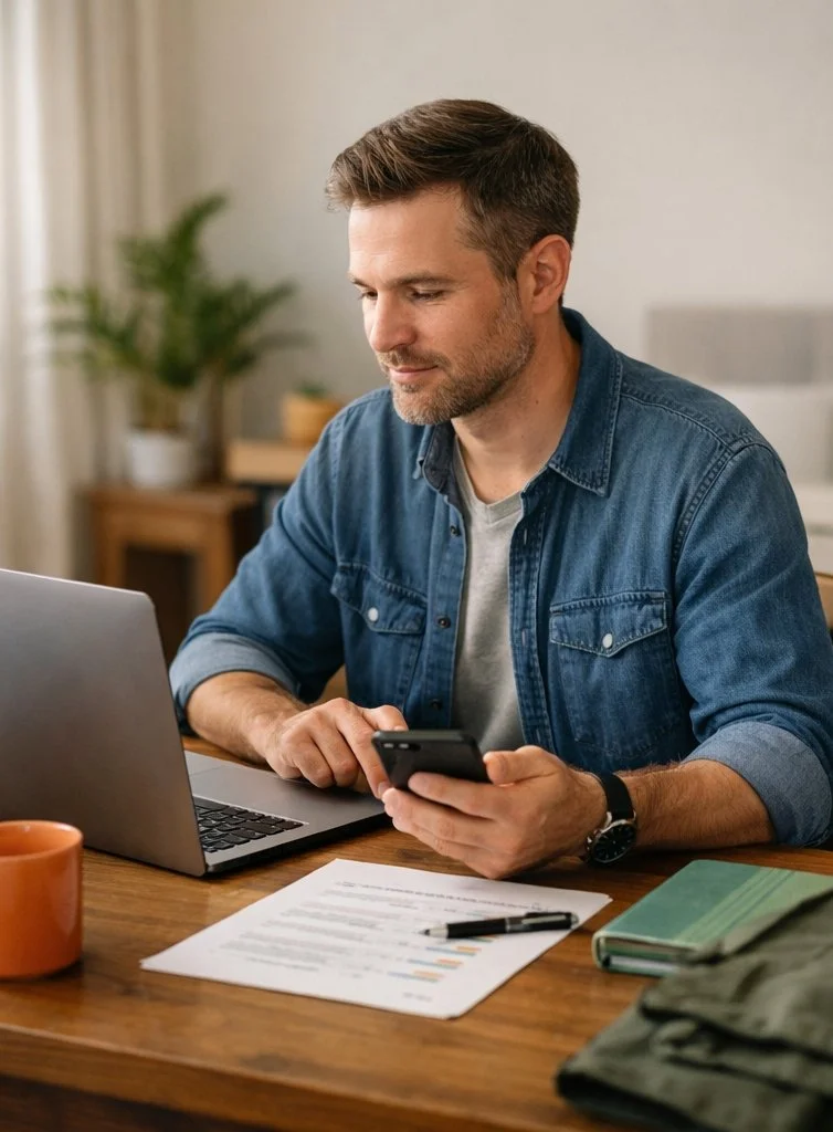 Traveller using a laptop while reviewing a Trip Fit planning screen before travel.