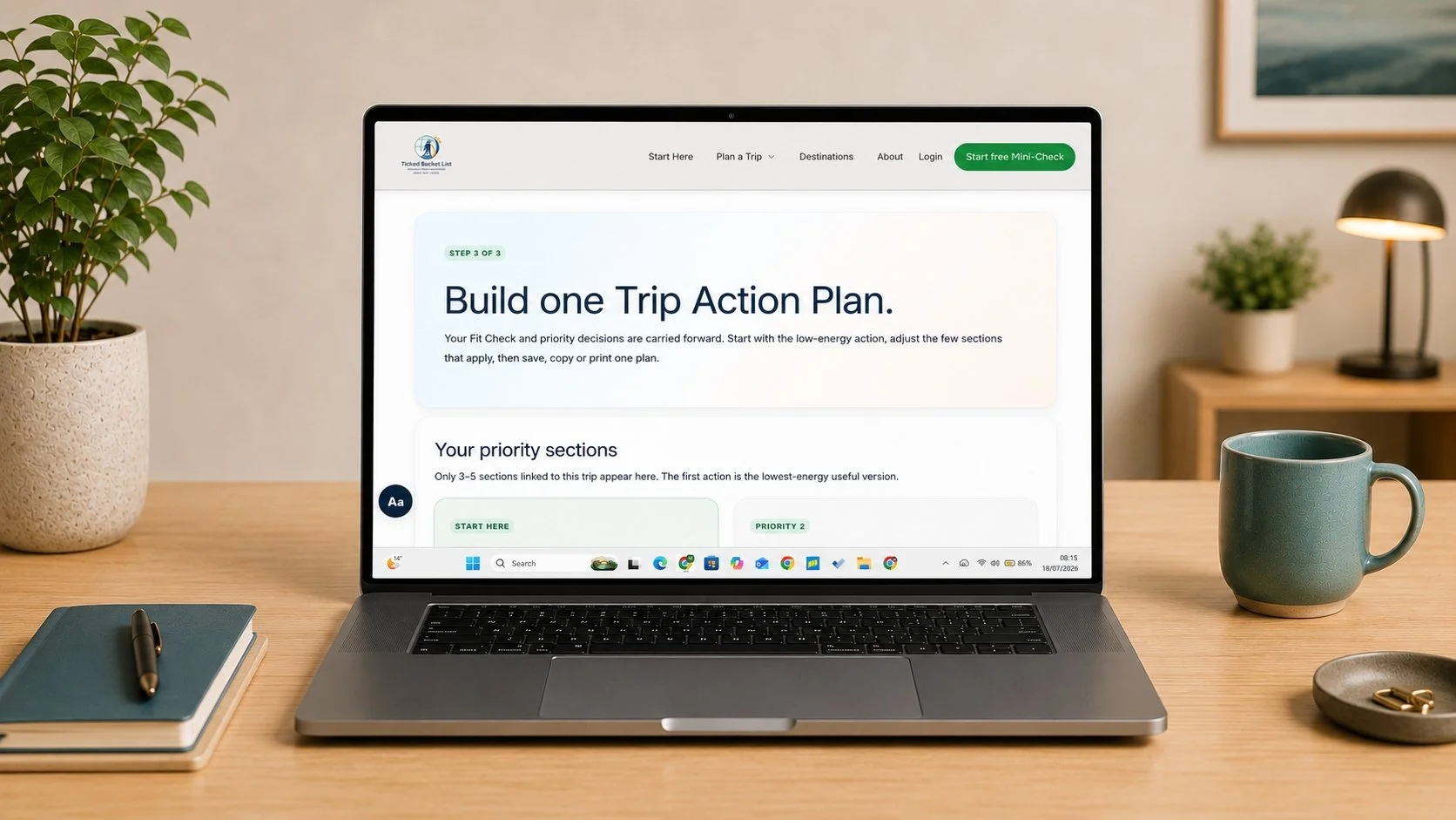 Starter Kit open on a laptop, showing the Trip Action Plan builder and trip-specific priority sections